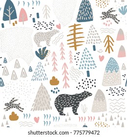 Seamless pattern with bunny,polar bear, forest elements and hand drawn shapes. Childish texture. Great for fabric, textile Vector Illustration