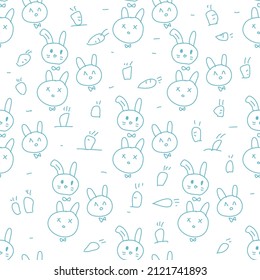 Seamless pattern with bunny,rabbit and carrot. Happy easter day. Hand-drawn doodles blue on white background.