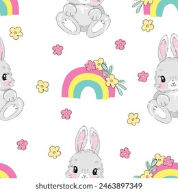 Patrón sin fisuras Bunnys y fondo de arco iris. Lindo conejito y fondo de flores. Diseño textil de Ilustración vectorial dibujada a mano.