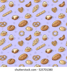 Seamless pattern with buns, cakes and breads