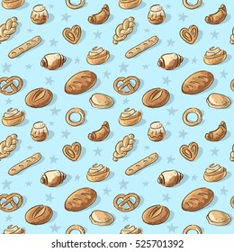 Seamless pattern with buns, cakes and breads