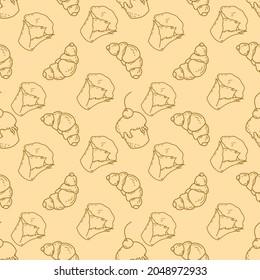 Seamless pattern of buns, croissants, cupcakes. A linear drawing. For the design and printing of postcards, posters, invitations and other creative ideas.