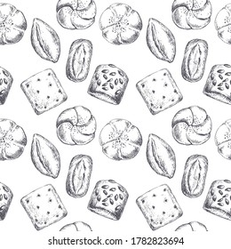 Seamless Pattern Buns With Sesame, Pumpkin Seed Bun, Kaiser Roll With Salt, Patty, Whole Grain And Sandwich Bun. For Printing Wrapping Paper, Packaging, Fabric. Hand Drawn Vector Illustration.