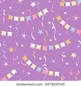 Seamless Pattern with Bunting Flag, Stars, Confetti and other Party Supplies. Celebratory background. Holiday Wallpaper. Great for a Birthday Party, Christmas, New Year, Holiday, Carnival Festivity,