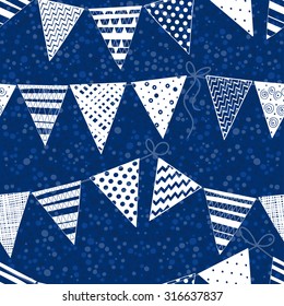 Seamless pattern with  buntings garlands on polka dots background.