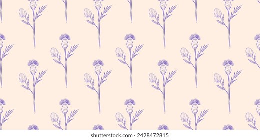 Nahtlose Muster Klette Blumen. Sommer-Hintergrund. Verpackungsdesign, Textilien im Retro-rustikalen Stil. Vektorgrafik