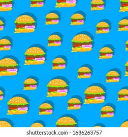 Seamless pattern of Burger with big cutlet, green leaf lettuce, onion circle, tomato, cucumber and jalapenos. Food illustration in flat and doodle style. Colorful background for print.