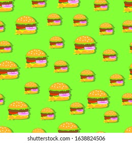 Seamless pattern of Burger with big cutlet, green leaf lettuce, onion circle, tomato, cucumber and jalapenos. Food illustration in flat and doodle style. Colorful background for print.