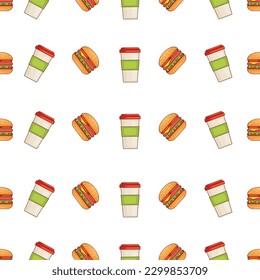 Seamless pattern with a burger and a cup of coffee