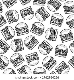 seamless pattern of burger in doodle vintage design