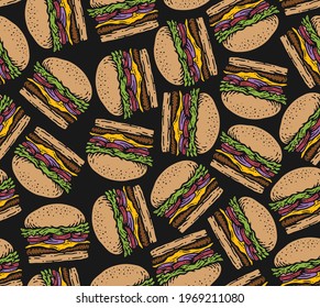 seamless pattern of burger in doodle vintage design
