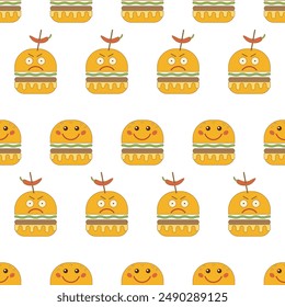 Un patrón sin fisuras de emojis de hamburguesas, divertido y enojado. Conveniente para la decoración, diseño, textiles, álbumes de recortes, papel de envoltura, volantes, carteles. Ilustración vectorial.