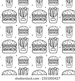 Seamless pattern with Burger and french fries. Hamburger, cheeseburger icon with cheese, lettuce, sesame bun. Fast street food concept. Design of menus, banners, packaging paper. Vector illustration