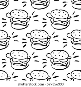 Seamless pattern with burger. Hand drawing of black ink on a white background. Vector Image. It can be used for menu, packaging, wrapping paper and other promotional marketing materials.