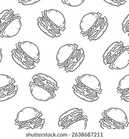 seamless pattern with burger. Hand drawn fast food. Simple outline background for web design, product packaging, napkins, backdrops. Vector