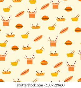Seamless pattern of burger, hotdog, wok, fries on yellow background. Fast food concept. Vector illustration.