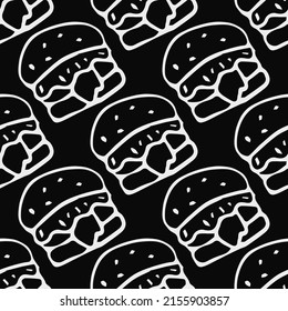 Seamless pattern with burger icons. Black and white hamburger background. Doodle vector burger illustration