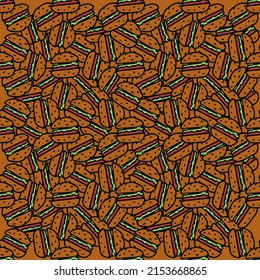 Seamless pattern with burger icons. Colored hamburger background. Doodle vector burger illustration