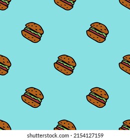 Seamless pattern with burger icons. Colored hamburger background. Doodle vector burger illustration