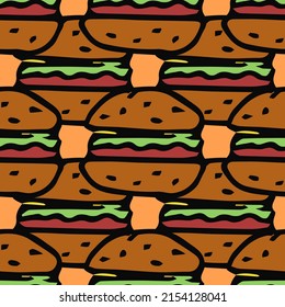 Seamless pattern with burger icons. Colored hamburger background. Doodle vector burger illustration