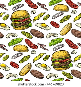 Seamless pattern burger and ingredients include cutlet, tomato, cucumber and salad. Vector vintage engraving illustration for poster, menu, web, banner, info graphic. Isolated on white background.