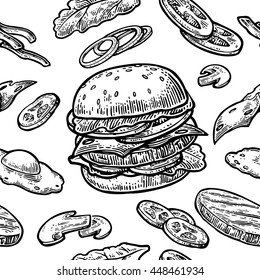 Seamless pattern burger and ingredients include cutlet, tomato, cucumber and salad. Vector vintage engraving illustration for poster, menu, web, banner, info graphic. Isolated on white background.