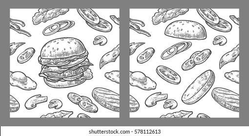 Seamless pattern burger and ingredients include cutlet, tomato, cucumber and salad. Vector vintage black engraving illustration for poster, menu, banner, info graphic. Isolated on white background.