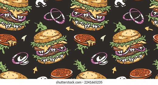 Seamless pattern with burger with meat, cheese and vegetable for design of label, banner or poster. Fast food with bun, lettuce, cheese, tomato, onion, cutlet.