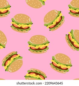 Patrón sin foco con hamburguesa en fondo rosado. Comida rápida, patrón de comida chatarra. Comida estadounidense.Fondo vectorial para banner de comida rápida, textil, papel de envoltura, paquete