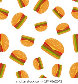 Seamless pattern with burger on white background. Fast food, street takeaway junk food. Vector illustration