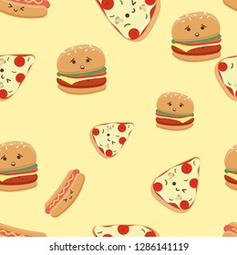 seamless pattern with burger, pizza and hot dog