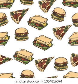 Seamless pattern of burger sandwich and slice of pizza.