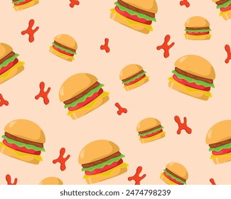 seamless pattern burger theme on orange background