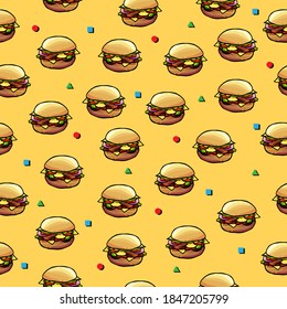 Seamless pattern of burger, yellow background, wallpaper, gift paper, print, decoration, backdrop, cafe, sandwich, burger, bread, bun, pattern, menu, cafeteria, decor, dining room, canteen, eatery