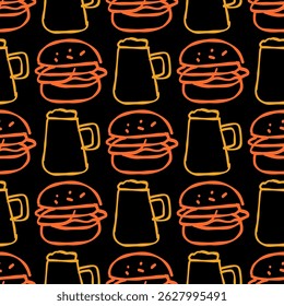Seamless pattern of burgers and beer mugs in neon outline on black background