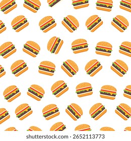 Seamless pattern with burgers. Bright colorful vector pattern with burgers in flat style. Seamless pattern with hamburgers for packaging, texture and printing. Background for cafe and fast food.