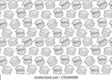 Seamless pattern with burgers and cheeseburgers on white background. Fast food menu. American food. Doodle vector pattern. Pattern for textile, design, print, wrapping paper, menu, wallpaper.