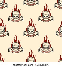 Seamless pattern with burgers. Design element for poster, card, banner, clothes decoration. Vector illustration