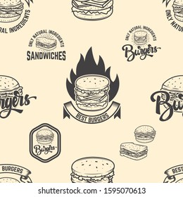 Seamless pattern with burgers. Design element for poster, card, banner, clothes decoration. Vector illustration