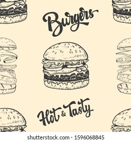 Seamless pattern with burgers. Design element for poster, card, banner, clothes decoration. Vector illustration