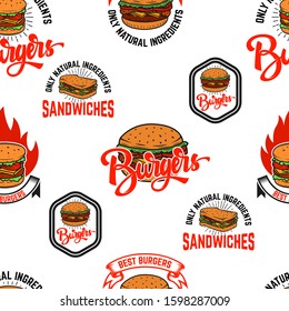 Seamless pattern with burgers. Design element for poster, card, banner, clothes decoration. Vector illustration