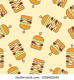 Seamless pattern with burgers and double cheeseburgers on a light background.