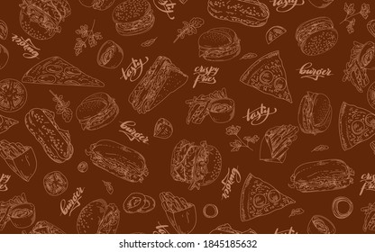 Seamless pattern with burgers and fast food