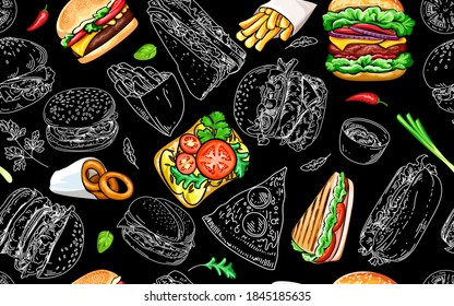 Seamless pattern with burgers and fast food