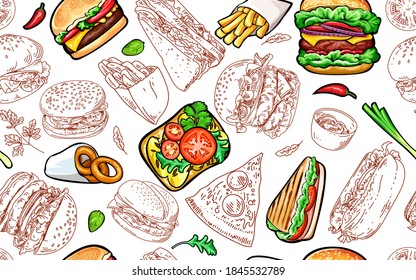 Seamless pattern with burgers and fast food