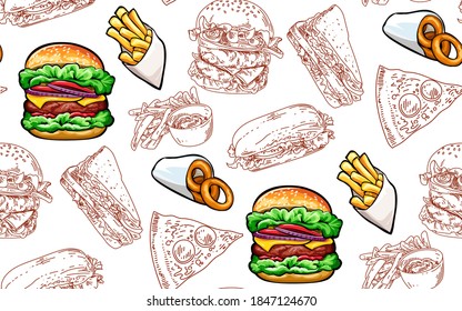 Seamless pattern with burgers and fast food