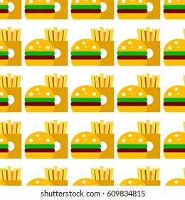 Seamless pattern of the burgers and fries. Vector illustration for design fabric or wallpaper.