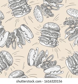 Seamless pattern with burgers in  graphic style.