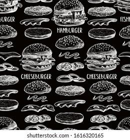 Seamless pattern with burgers in  graphic style.