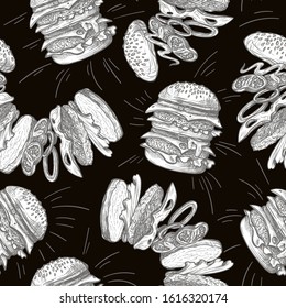 Seamless pattern with burgers in  graphic style.